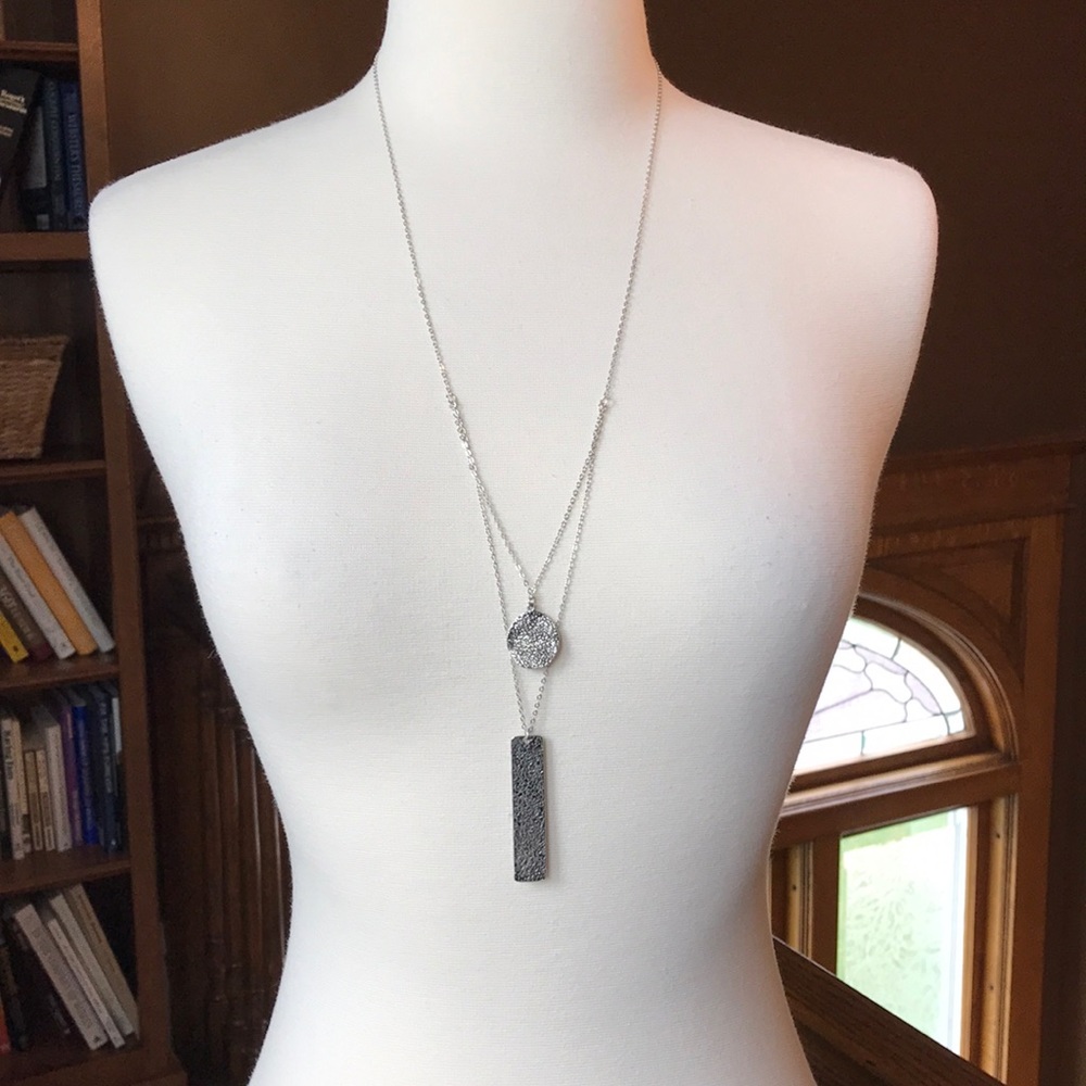 Silver necklace, dual pendant.